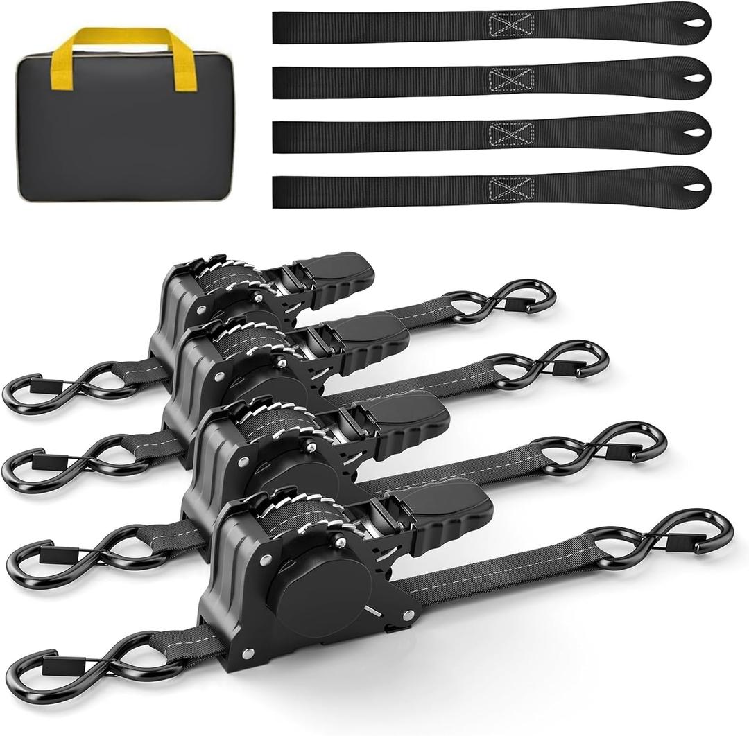 Rugtol Retractable Ratchet Straps, 1 inch  13 Feet Heavy Duty Auto Self Retractable Ratcheting Tie Down Straps 1500lbs Break Strength, Automatic Ratchet Strap for Truck Bed Cargo Trailer, 4 Pack