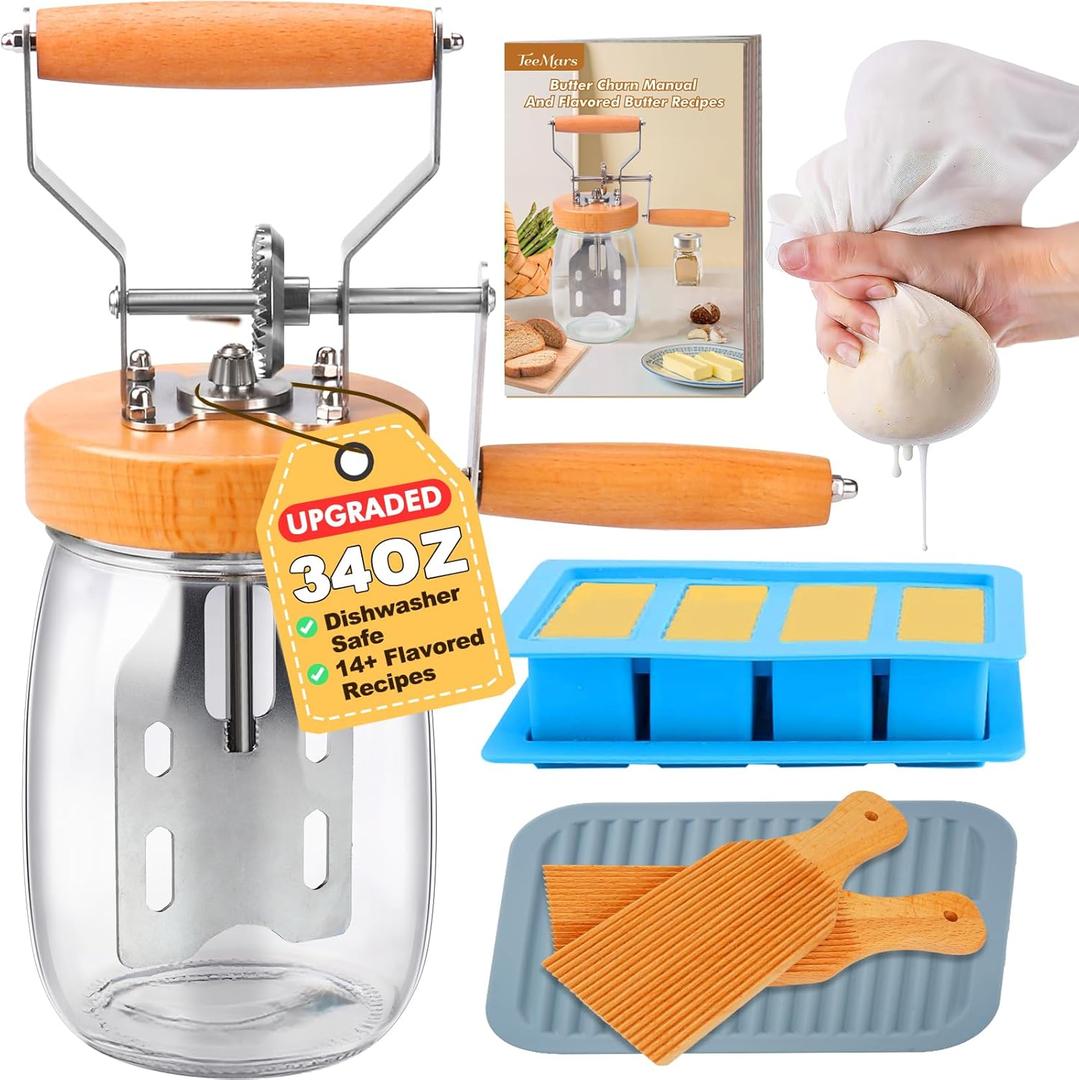 TeeMars Butter Churner - Upgraded Hand Crank Mason Jar Butter Churn, 34oz Butter Churn Kit with 14 Recipe, Butter Paddle, Butter Mold with Lid, Cheese Cloth, Anti-slip Mat, Homemade Butter in 15Min