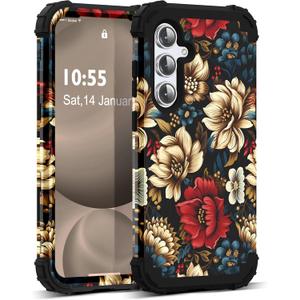 for Galaxy S24FE 5G Case,3 in 1 Oil Painting Flower Pattern Heavy Duty Shockproof Protection Silicone Rubber Bumper+Hard Plastic Protective Cover for Samsung S24FE 6.7",Black Flower
