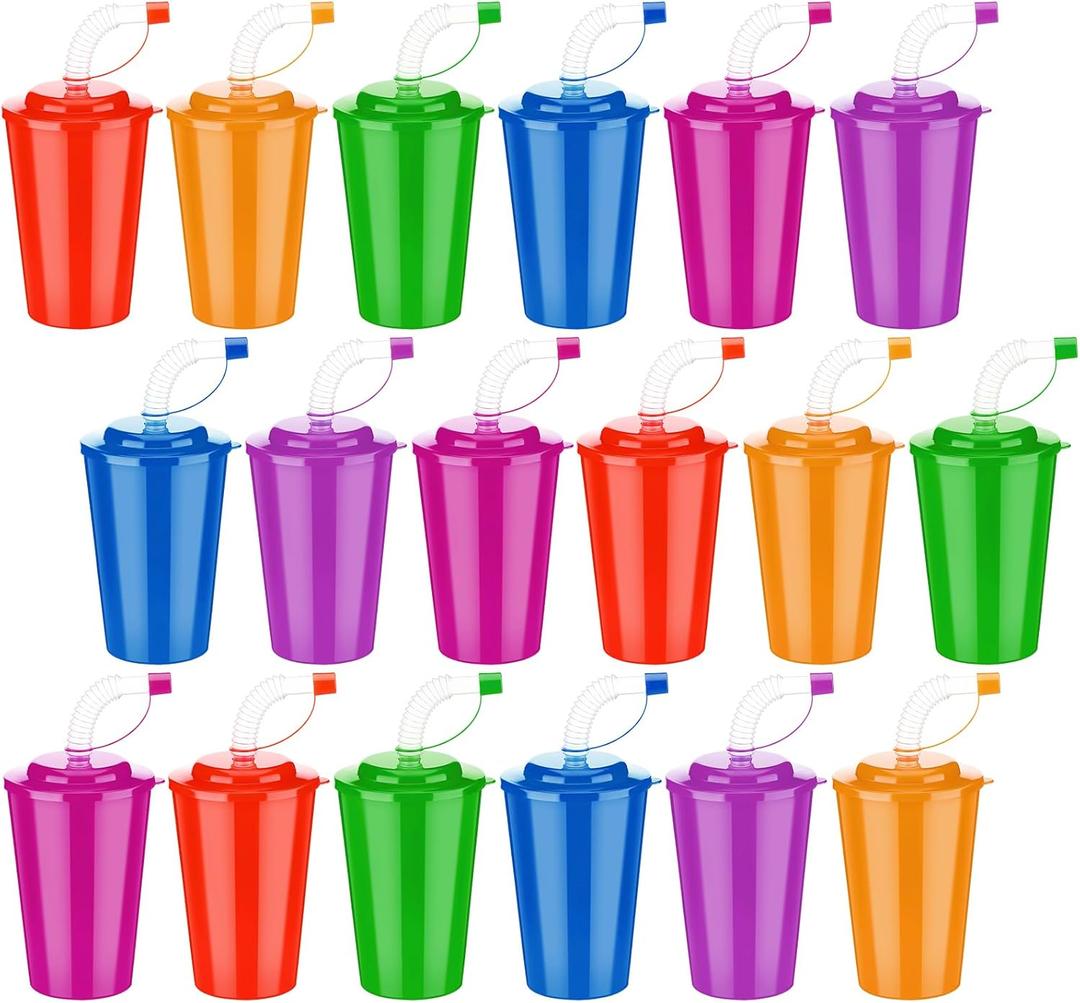 Zubebe 18 Pcs Neon Straws Cups 12 oz Colorful Neon Cups with Sipper and Lids Plastic Favor Reusable Straw for Birthday Party Events Supplies, 6 Colors