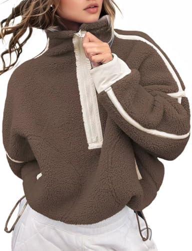Kumufenc Women's Fleece Sweatshirts Half Zip Pullover Long Sleeve Oversized Workout Crop Tops Hoodie With Pocket Size M