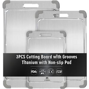 2Pcs 100% Pure Titanium Cutting Board with Grooves, Update Double Side Titanium Chopping Board, Silicone Anti-slip Stainless Cutting Boards Set for Kitchen, Grey  2Pcs 100% Pure Titanium Cutting Board with Grooves, Update Double Side Titanium Chopping Board, Silicone Anti-slip Stainless Cutting Boards Set for Kitchen, Grey
