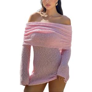 Unybwonn Women's Off Shoulder Mini Short Dress Bodycon Long Sleeve Crochet Sexy Going Out Mesh Elegant Sweater Dresses (Pink)