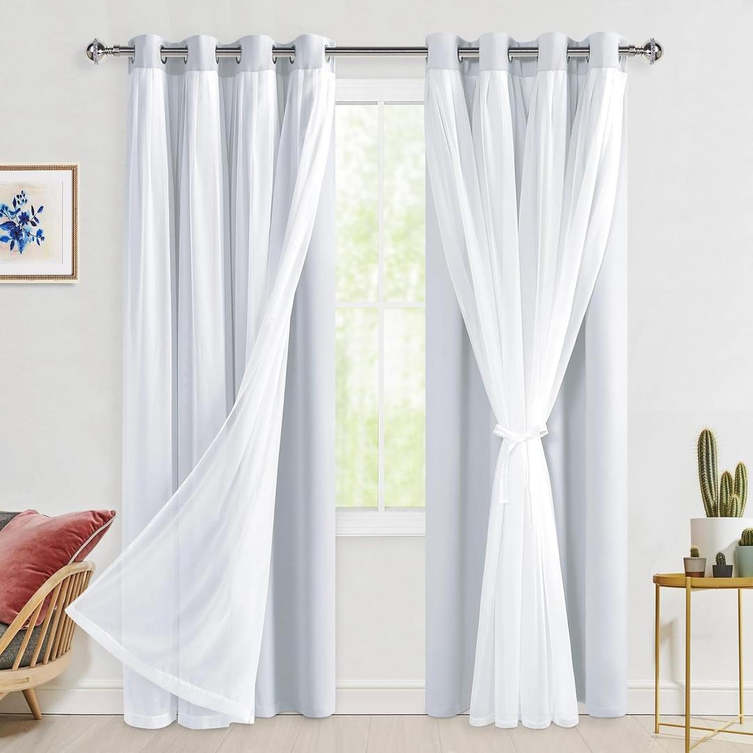Hiasan Greyish White Blackout Curtains with Sheer Overlay, Grommet Thermal Insulated Mix & Match Double Layer Window Curtains for Bedroom, Living Room, 2 Drape Panels Sewn with Tiebacks, 52W X 84L (52"W x 84"L (Pack of 2))
