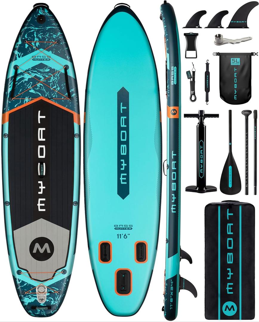 MYBOAT 11'6"34"6" Extra Wide Inflatable Paddle Board, Stand Up Paddle Board for Fishing, Sup Board with 3 Removable Fins, Dual Bungees, Camera Mount, Hand Pump, Strong Paddle, 5L Dry Bag, Leash