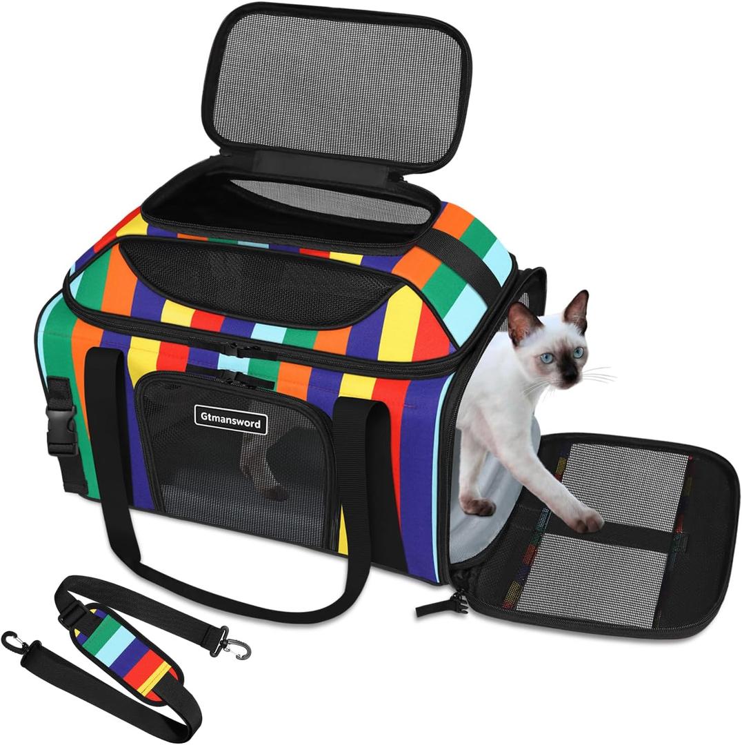 GTMANSWORD 17x11x9.5 Inches Top-Expandable Pet Carrier Alaska Airline Approved, Soft Sided Carrier for Small Dog, Cat with 5-Sides Mesh Windows and Locking Safety Zippers(Rainbow)
