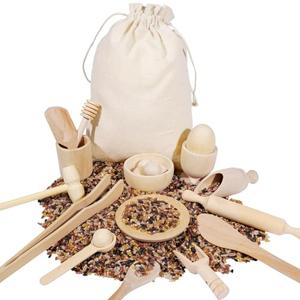Wooden Sensory Bin Tools, Wooden Tool Set, Sensory Bin Filler with Storage Bag, Bin Scoops Roller Tweezers Tongs Cups for Counting Sorting Hammering Pounding