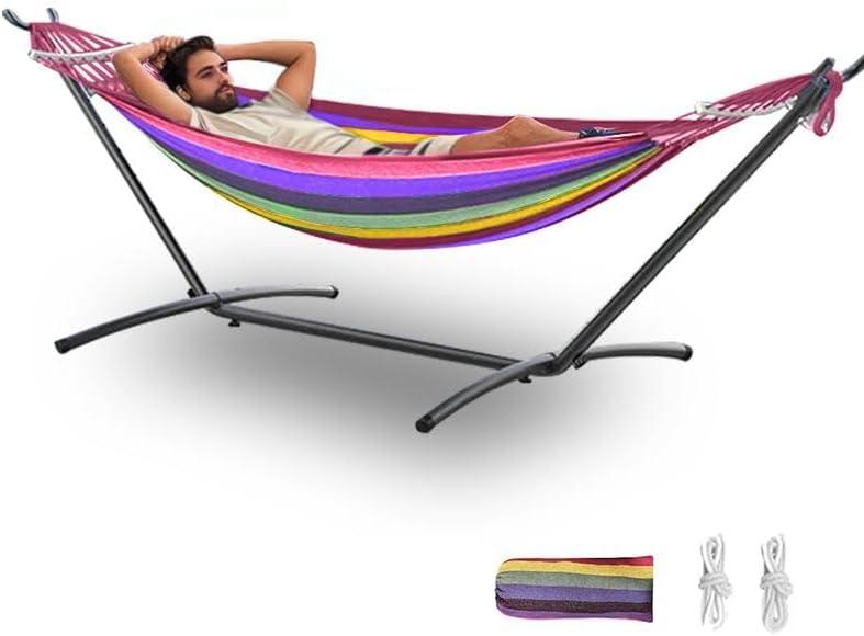 Double Hammock with Stand, 2 Person Hammock with Carrying Bag,Heavy Duty Portable,500 lb Capacity, Perfect for Both Indoors and Outdoors,Rainbow