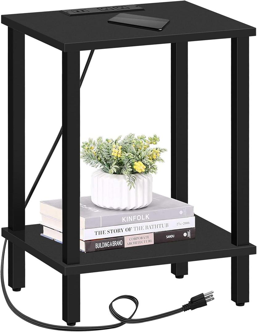 TUTOTAK End Table with Charging Station, Side Table with USB Ports and Outlets, Nightstand, 2-Tier Storage Shelf, Sofa Table for Small Space TB01BK040, Black