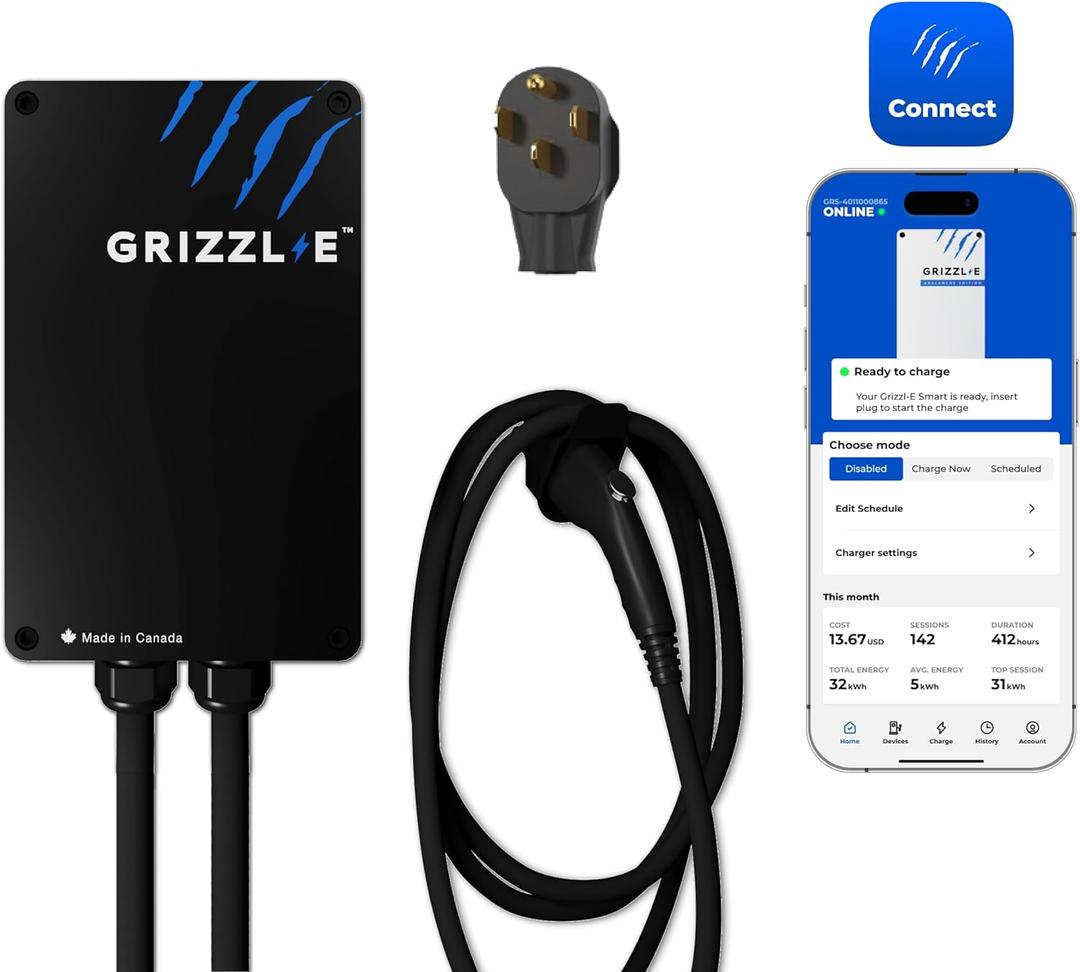 Grizzl-E Smart Level 2 240V / 40A Electric Vehicle (EV) Charger, Metal Case UL Tested and Certified, Energy Star, Indoor/Outdoor Electric Car Fast Charging Station, NEMA 14-50, Black (Classic)