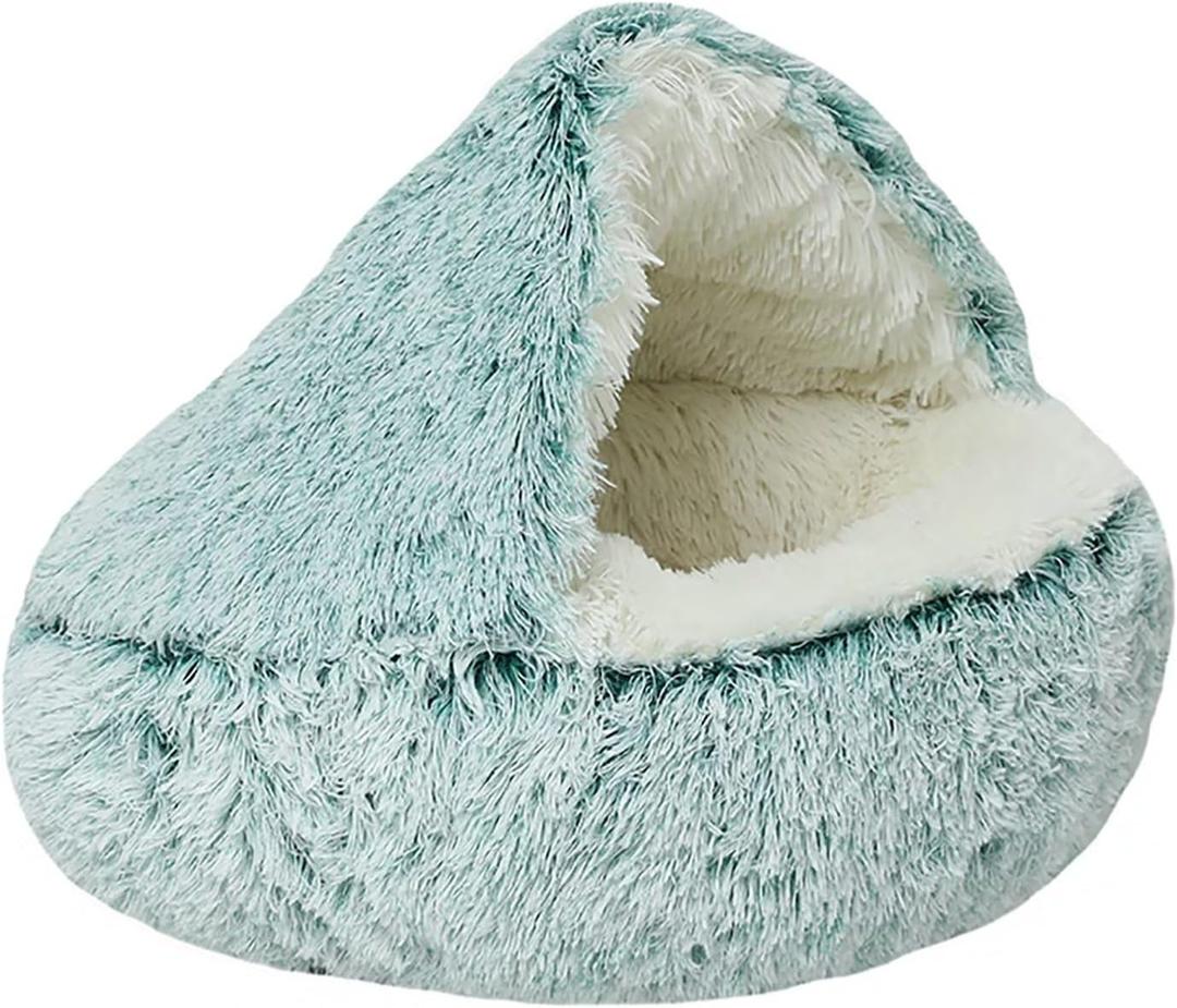 Dog Cave Bed for Small Dogs Cats Pets, Anti Anxiety Calming Plush Dog Beds, Fluffy Covered Hooded Cozy Burrow Puppy Beds, Anti-Slip Bottom Washable Pet Sleeping Bag (20" D, Green)