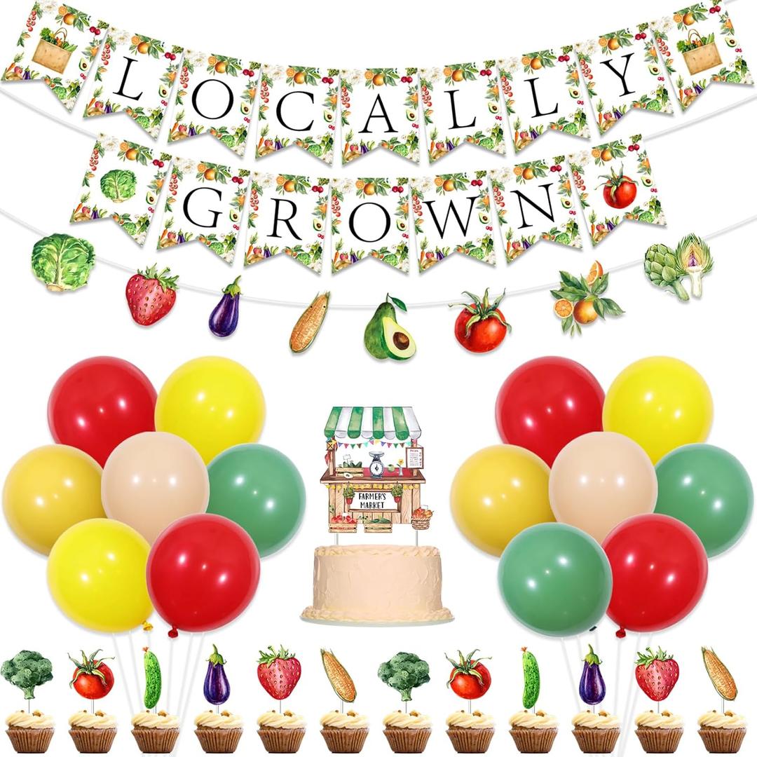 Sursurprise Locally Grown Baby Shower Decorations, Locally Grown Banner Balloons Fruit Vegetables Cupcake Toppers, Farmers Market Gardener Party Supplies