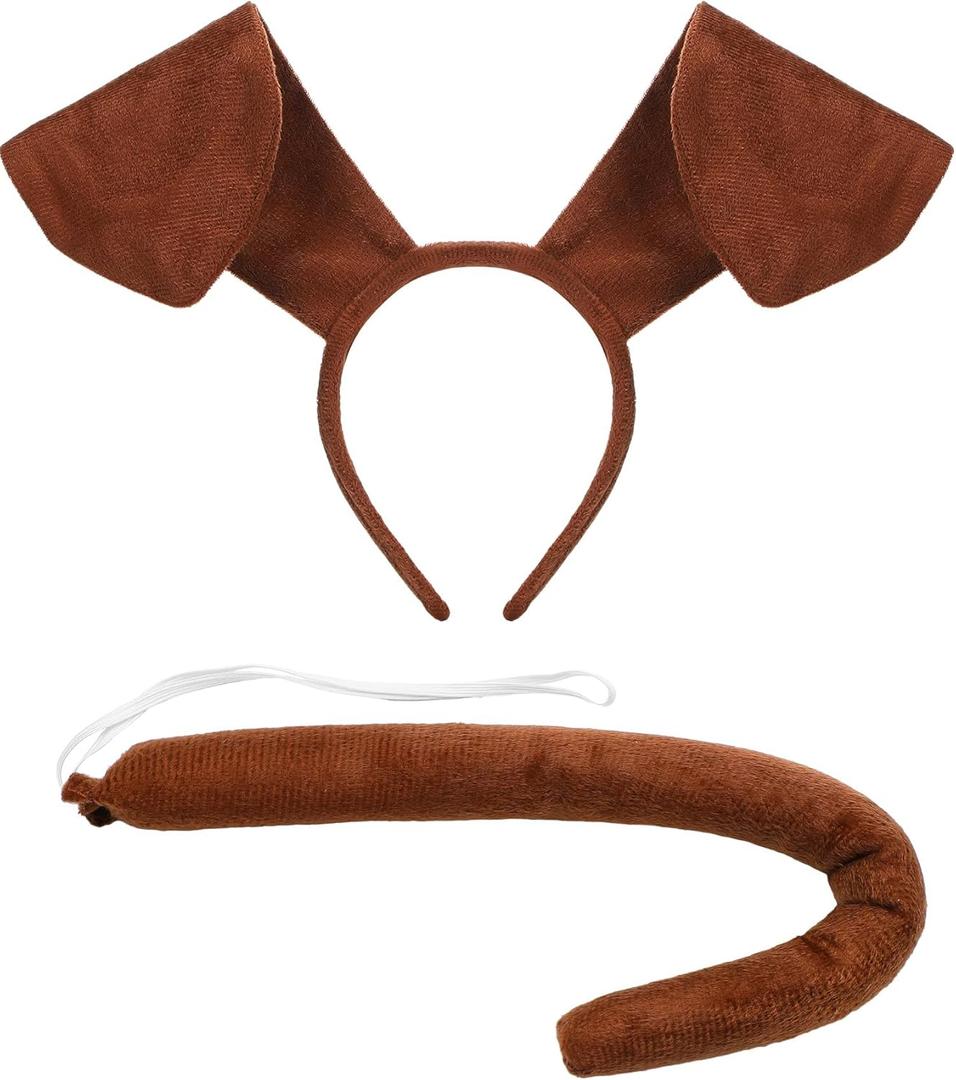 Brown Dog Costume Dog Ears and Tail Headband Halloween Dachshund Bald Cap Red Tie Funny Couples Costumes Accessories for Duos Adults Men Woman Couples