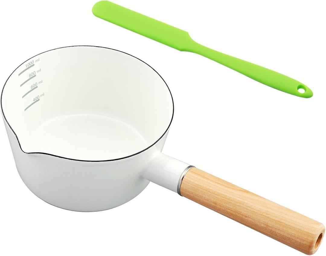 Enamel Milk Pan, 1L Milk Pot Butter Warmer Enamel Saucepan with Silicone Spatula & Pour Spout, Nonstick Enamels Milks Melting Pot for Induction Electric Gas Stoves(COLOR:white)