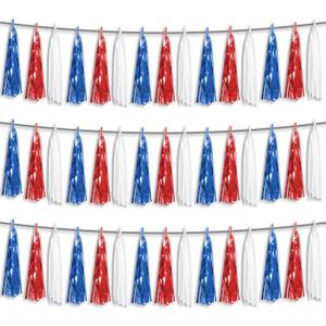 3P Red Blue White Foil Fringe Metallic Tassel Streamers Banner Tassel Garland for Parade Floats, Bachelorette, Wedding, Birthday, Halloween, Christmas, Bridal/Baby Shower Party Decorations