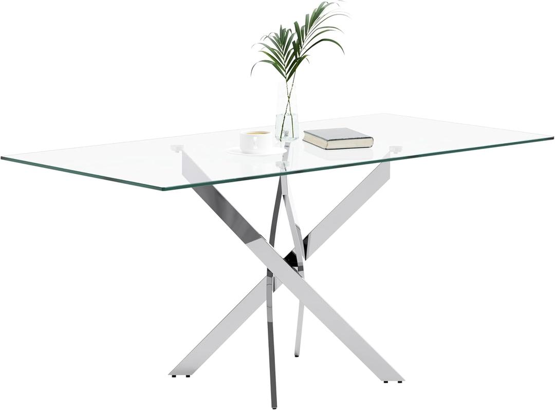 Tempered Glass Dining Table with Chromed Legs, 47in Rectangular Kitchen Table for Kitchen Dining Room Home Office (47.24 * 27.55, White/Silver) (Silver-120*70)