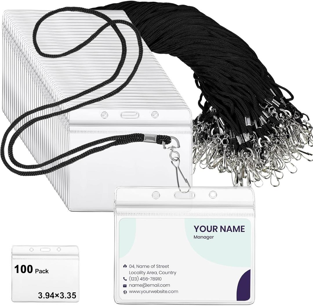 Marspark 100 Sets Lanyards with ID Badges Bulk, Clear Plastic Horizontal Name Tags Badge ID Card Holders, Flat Neck Lanyards with Swivel Hook for Adults Staff Teacher School Office Supplies(Black)