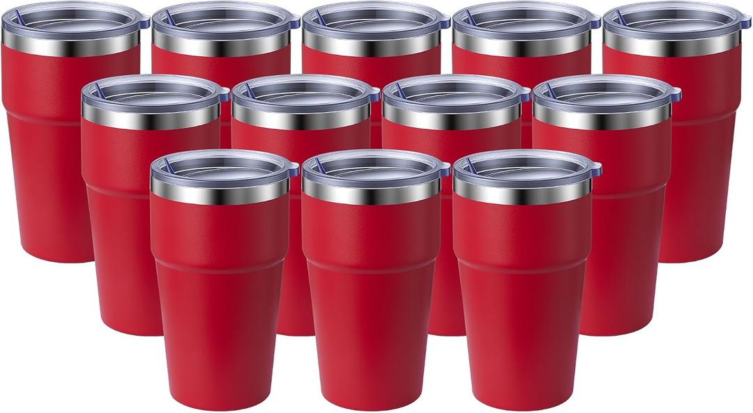 MEWAY 16oz Tumbler Double Wall Vacuum Insulated Travel Mug Bulk, Stainless Steel Tumblers with Lid, Powder Coated Coffee Cups for Cold & Hot Drinks (Red,12 Pack)