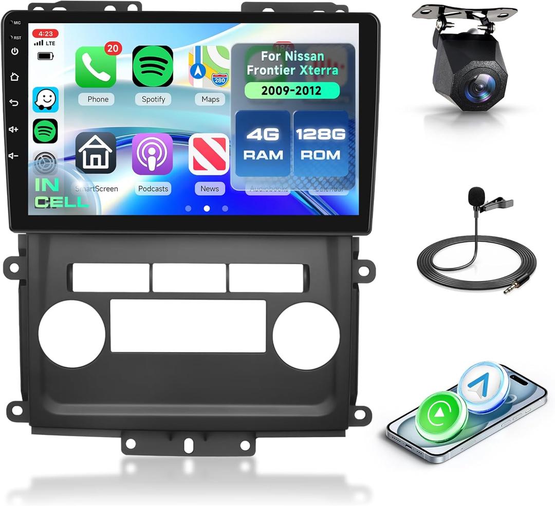 4+128G Android 15 Car Stereo for Nissan Frontier Xterra 2009-2012 with Wireless Carplay Android Auto, 9'' in-Cell Screen Head Unit with GPS/Bluetooth 5.0/FM RDS/EQ/Wi-Fi Mirror Link Backup Camera SWC
