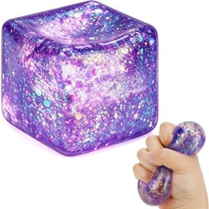 3 x Glitter Ice Cube Squishy Fidget Toys, Squishy Cube Stress Balls for Adults & Kids, Slow Rising Stress Relief Toys, Squeeze Ball Filled with Thick Substance and Glitter (Purple)