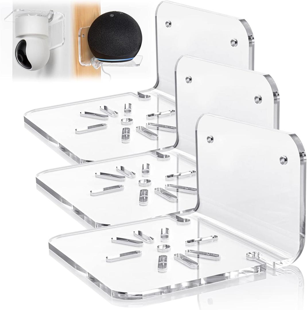 SIPRDE Acrylic Small Wall Shelf Set of 3 for Security Cameras, Speakers, Baby Monitors & More - 4'' Universal Adhesive Shelf Easy to Install No Drill, with Cable Clips (Clear)
