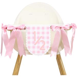 Pink Ribbon Bow 1/2 Birthday Banner - Sweet 6 Months Birthday Party Decorations,Pink White Gingham Bow Bohemian Garland,Half Way to One Cake Smash,Scalloped Banner Photo Props