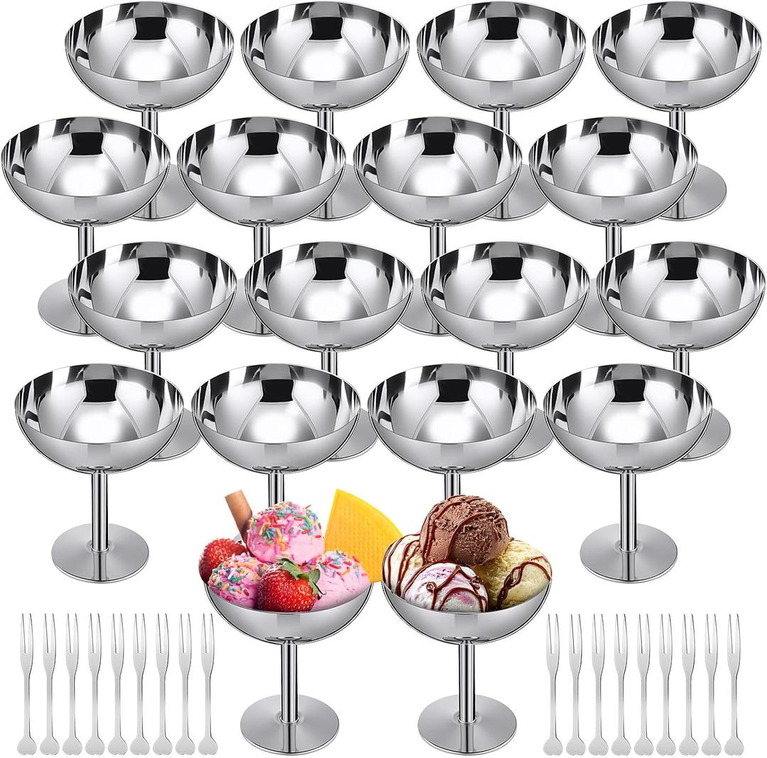 Reallnaive 18 Sets Stainless Steel Ice Cream Cups Bulk Silver Dessert Bowls with Forks 6.7 oz Small Metal Footed Cup for Serving Pudding Salad Fruit Sundae Summer Birthday Party Supply