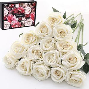 Cloudecor 15Pcs Fake Roses Velet Roses Long Stem Artificial Flowers Silk Flowers for Home Wedding Decoration (Round Roses，Cream White)