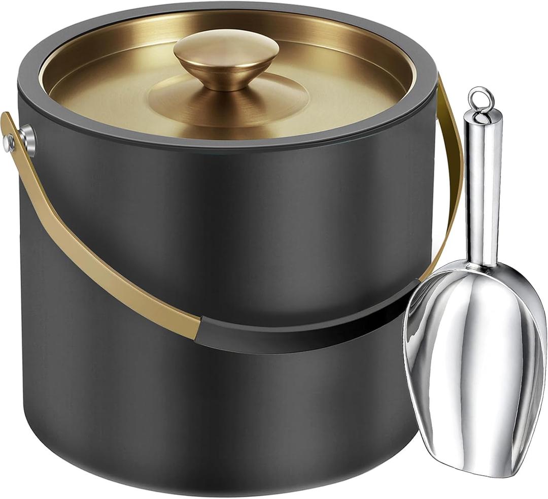 3.2L/3.4QT Modern Insulated Ice Bucket with Silicone Lid, Scoop, Strainer, Double Wall Stainless Steel Ice Bucket for Parties & Cocktail Bar,Ideal for Gift(Black)