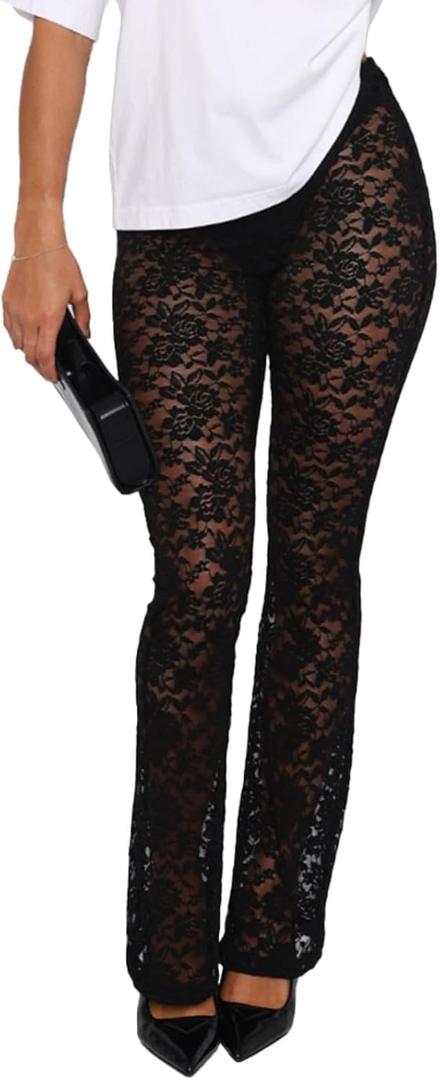 Lace Flare Pants for Women - Sexy See Through Mid-Waist Bell Bottom Leggings Trousers Party Clubwear (Black)