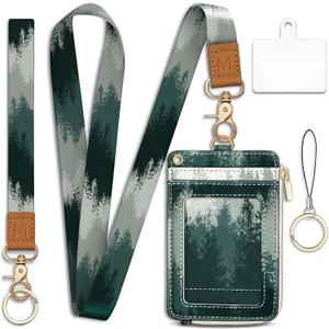 Misty Forest Lanyard Wallet with Id Badge Holder, Small Keychain RFID Wallet Women, Zipper Credit Card Holder Phone Wrist Wristlet Neck Strap for Key Name Tag, Teacher Student Office Gifts