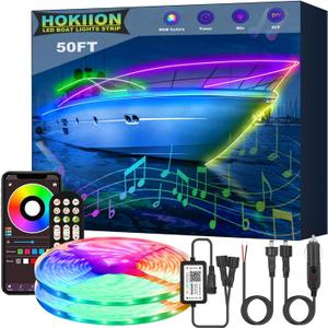 HOKIION 50FT Boat Lights Marine LED Strip Lights, IP66 Waterproof Pontoon Boat Light, 12V RGB Boat Interior Lights, Night Fishing Lights for Jon Boat, Bass Boat, Cabin, Deck, APP/RF Control