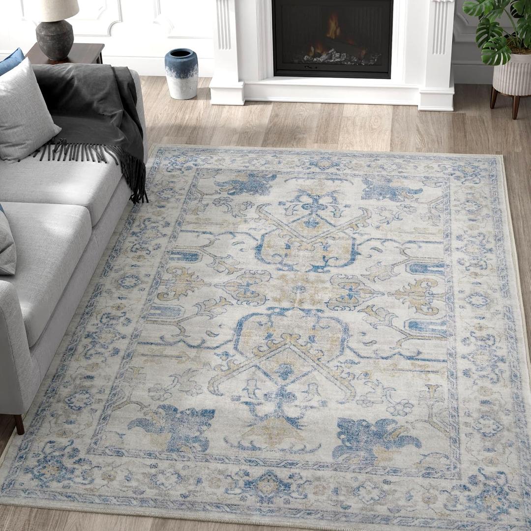 jinchan 5x7 Area Rugs Machine Washable Vintage Floral Throw Rug for Living Room Soft Ultra-Thin Low Pile Non-Slip Carpet for Kitchen,Bedroom,Dining Room,Nursery (5x7ft,Blue)