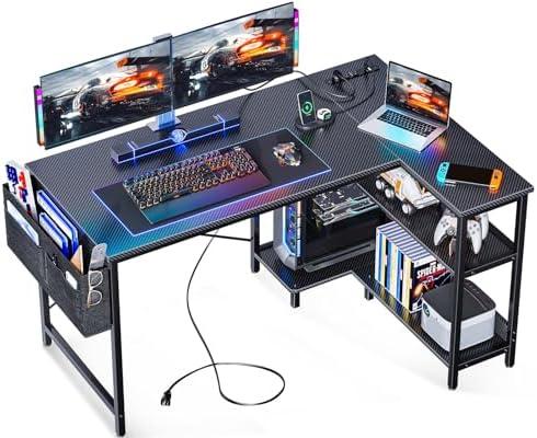 ODK 48 Inch Small L Shaped Gaming Computer Desk with Power Outlets, Corner Desk with Reversible Storage Shelves & PC Stand for Small Space, Modern Simple Home Office Table, Carbon Fiber Surface, Black