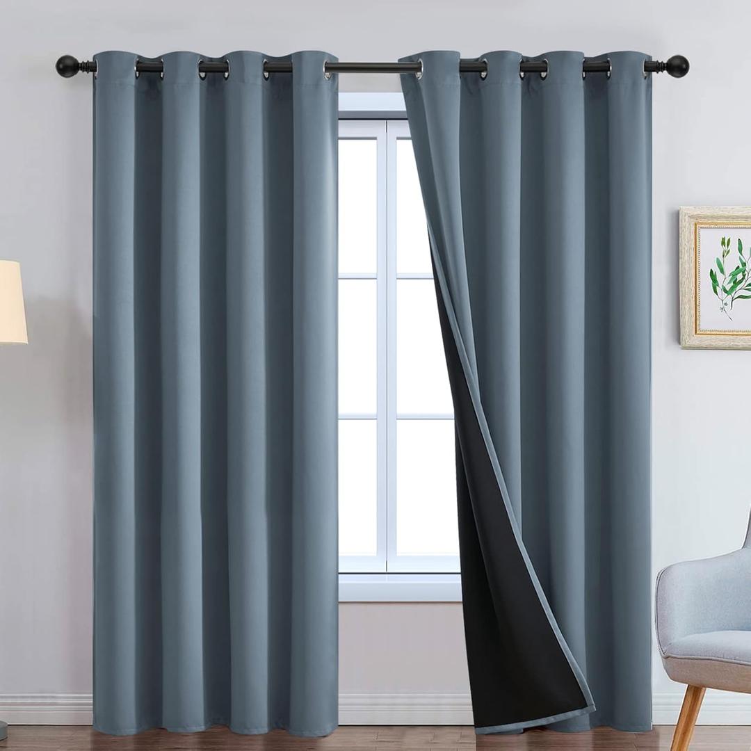 Yakamok 100% Blackout Lined Panels, Thermal Insulated Blackout Curtains for Bedroom, Heat Blocking Drapes for Living Room (52Wx84L, Stone Blue, 2 Panels)