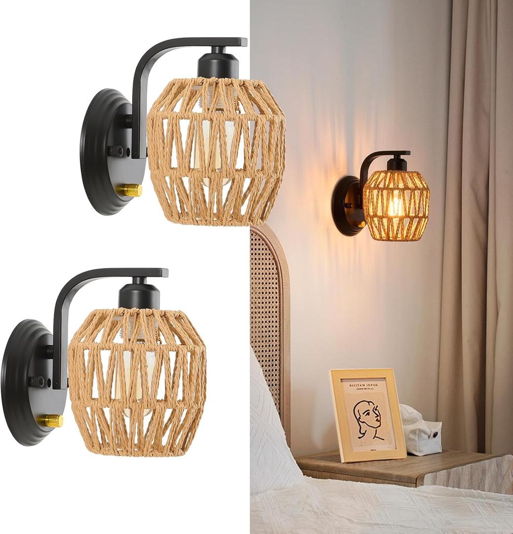 Boho Rattan Wall Sconces Set of Two On/Off Dimmable Switch Bedside Wall Lamp Hardwired Hand-Woven Farmhouse Wall Sconce Indoor Wall Lights for Bedroom Bathroom Living Room, E26