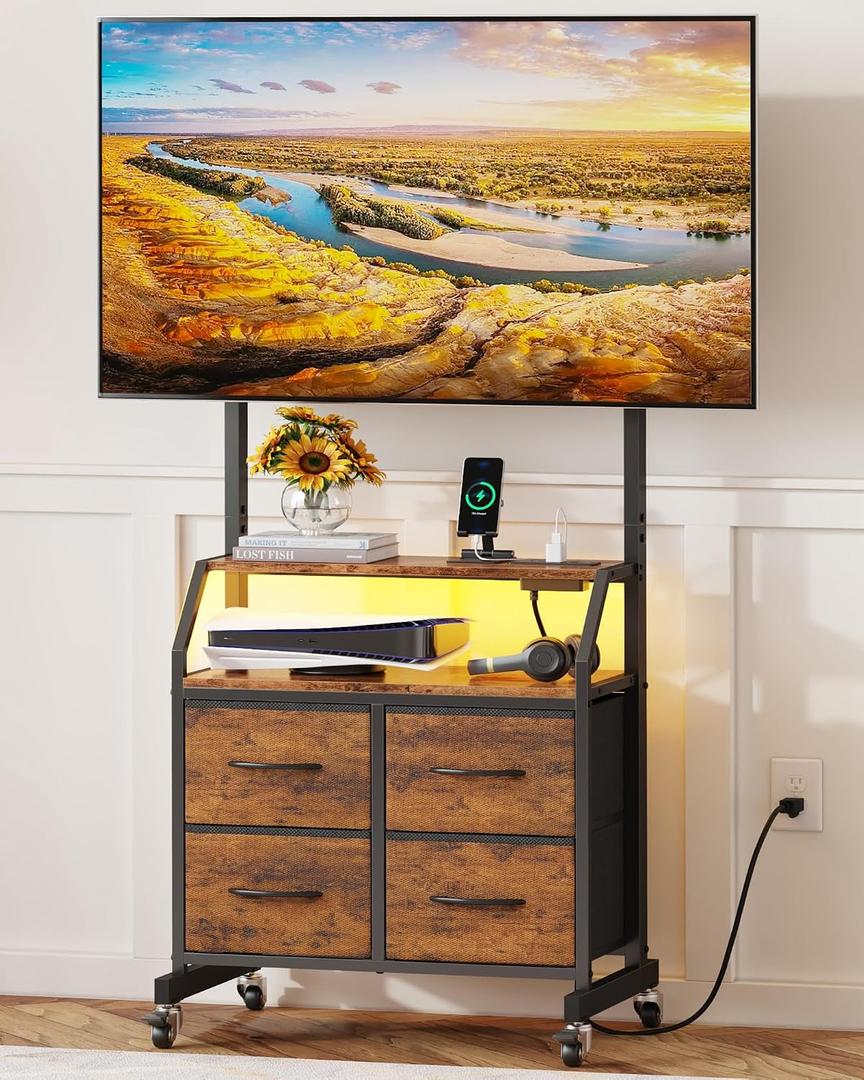 Rolling TV Stand with Mount & 4 Fabric Drawers - TV Stand with Wheels for 32-75" TV, Entertainment Center & Console Table for Living Room or Bedroom, Modern Television Stand with Storage, Rustic Brown, 65"H