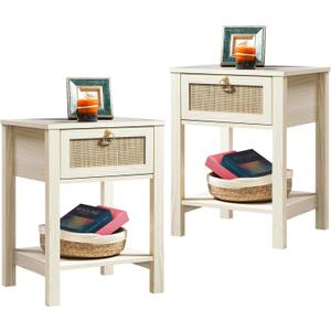 SICOTAS White Nightstand Set of 2,Rattan Decor Drawer with Brass Knobs Night Stand Wood Bedside Table Boho End Tables Side Tables with Storage Shelf (White Cream Oak)