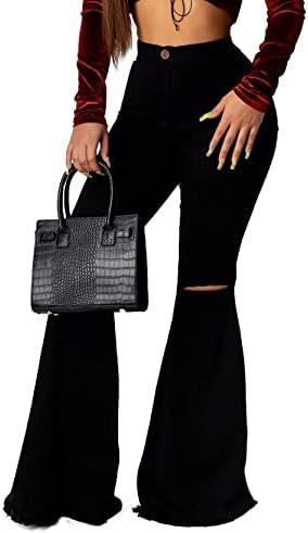 Bell Bottom Jeans for Women High Waisted Stretch Ripped Skinny Hole Classic Raw Hem Denim Flare Pants, XL