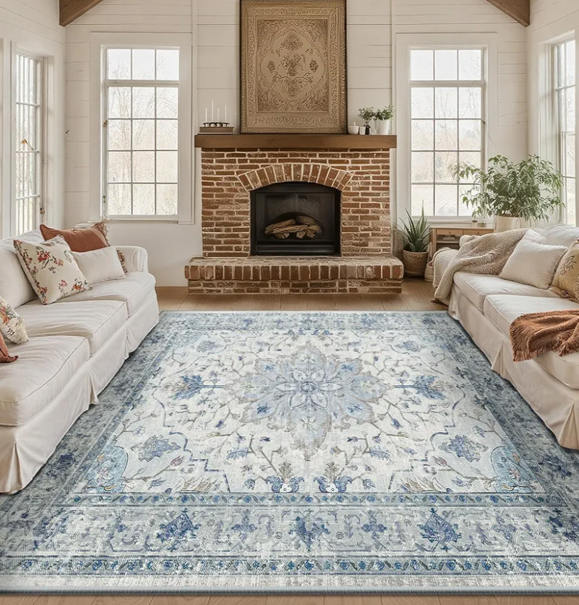 Area Rugs Square 8ft Washable Non-Slip, Floral Vintage Distress Print Pattern Medallion Carpet for Living Room Bedroom Dining Room, Light Blue Navy Beige Gray White