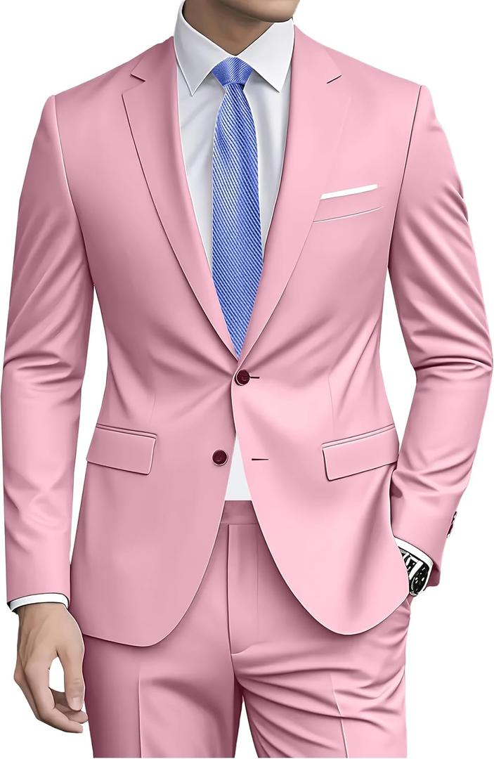 Men Suit 2 Piece Groomsmen Tuxedo Prom Blazer Slim Fit Suits Two Button Wedding Dress Jacket Pants Set with Tie (Small, Pink)