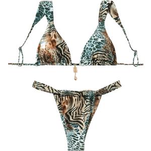QJQ Women's 2 Piece Cheeky Bikini Sets Leopard Print Tie Back Bathing Suit Sexy Triangle Swimsuit (XS)