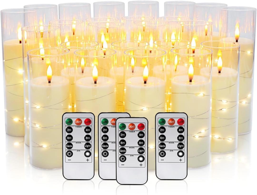 24 Pcs LED Flameless Candles with Remote, 3D Flickering Flame & LED String Lights, Acrylic Clear Cylinder, Timer Function, Romantic Ambience for Home Decor, Party, Wedding (Ivory).