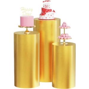 Wokceer Cylinder Pedestal Stand Covers for Party 3Pcs Spandex Gold Cylinder Stand for Party Covers Plinth Pedestal Stand Cover Pillar for Birthday Party Wedding Decor