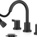 Phiestina Pull Down Sprayer Matte Black Widespread Bathroom Sink Faucet, 8 Inch 2 Handles 3 Hole Pull Out Bathroom Faucetwith Metal Pop-Up Drain and Water Supply LineBF04012-K01-MB (Matte Black-sprayer)