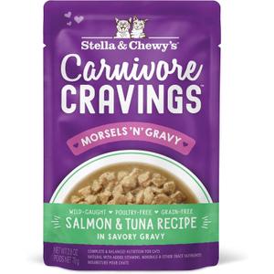 Stella & Chewy's Carnivore Cravings Wet Cat Food Pouches - Premium Salmon & Tuna Recipe - Grain-Free Morsels & Gravy - Perfect for Picky Eaters - Complete Meal or Topper - 2.8oz, 12-Pack