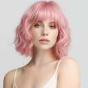 Short Pink Wig with Bangs Natural Looking Hair Wigs for Women Pink Wavy Medium Length Heat-Resistant Synthetic Fiber Hair Water Wave Bob Wig Colorful（14 Inches）