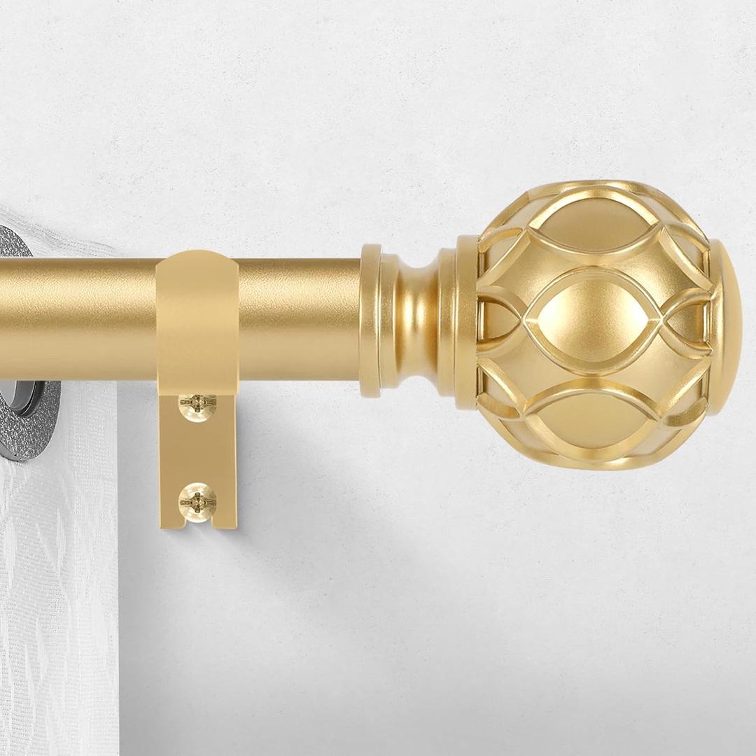 Gold Curtain Rods for Windows:Farmhouse Boho Decorative Curtain Rod for Bedroom Living Room,Heavy Duty Adjustable Rustic Drapery Rods Set with Vintage Coastal Texture Finials,Brass Gold 66-120"