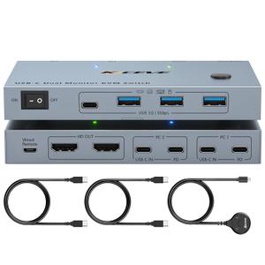 USB C KVM Switch 2 Monitors 2 Laptops, 4K@60Hz USB C Dual Monitor KVM Switch for 2 laptops to Share 2 Monitor and 4 USB3.0 Devices, 80W PD Charging, Wired Remote and Cables Included (sliver)