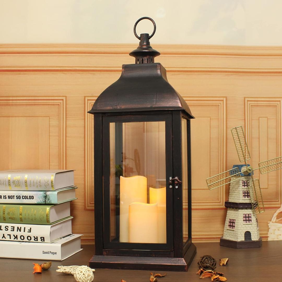 1Pack Decorative Lantern 24.80" H with Dancing Flame LED Timer Candle,ON/Off/Timer LED Candle with 6hours,Hanging Lantern for Outdoor Garden/Indoor Use.